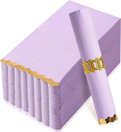50 Dinner Napkins Paper Decorative, Gold Foil Scalloped Edged Guest Napkins Disposable, Lavender Napkins for Wedding, Birthday, Shower Baby, Tea Parties Supplies (4 x 8 In, Purple)