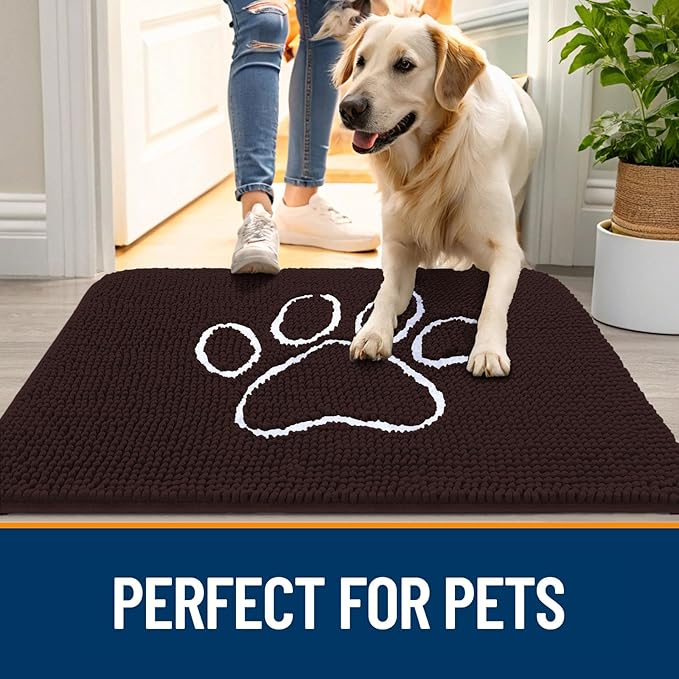 OLANLY Dog Door Mat for Muddy Paws 54x24, Paw Print Design, Absorbs Moisture and Dirt, Absorbent Non-Slip Washable Doormat, Quick Dry Chenille Mud Mat for Dogs, Entry Indoor Entryway Carpet, Brown