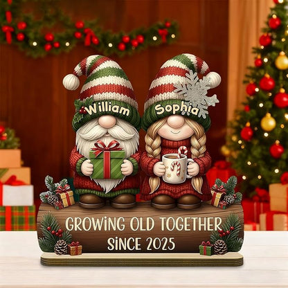 Personalized Gnome Couple Figurine, Growing Old Together Since 2025, Custom Christmas Decoration, Unique Holiday for Couple, Engraved Family Ornament for Parents and Grandparents