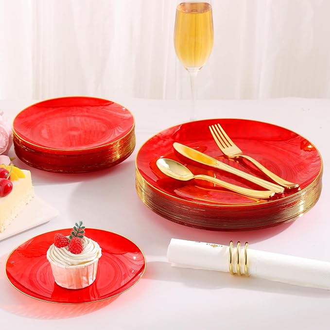 150 Pcs Red Plastic Plates - Fancy Plastic Dinnerware Set for 25 Guests - 50 Red Disposable Plates, 75 Gold Silverware, 25 Napkins for Party Birthday Christmas