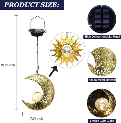 Solar Hanging Sun & Moon Lights Set for Outside,2 Pack Metal Lanterns Pierced Carving Soothing Lamp, Large Decorations for Yard Garden Patio Proch Tree Wall, Christmas Gifts for Women Mom