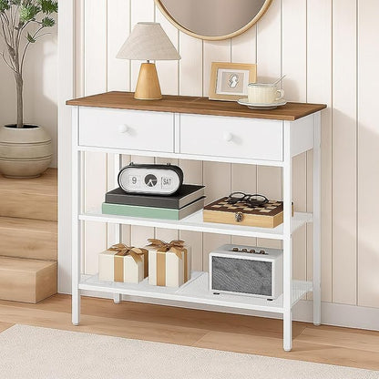 HOOBRO 29.5" Narrow Console Table with 2 Fabric Drawers, Sofa Table, Small Entryway Table with 3-Tier Storage Shelves, Behind Couch Table, for Living Room, Hallway, Walnut and White WH72XG01