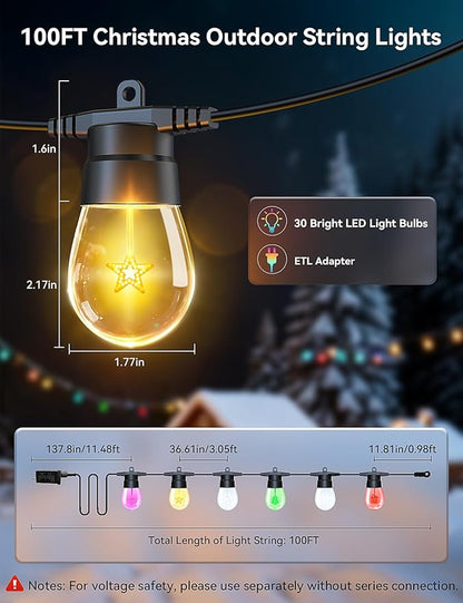 Brightever LED Outdoor String Lights 100FT Patio Lights with 32 S14 LED Edison Bulbs, Dimmable&Speed Adjustment, Plug in IP65 Waterproof Hanging Lights with Remote for Outdoor Indoor Christmas Decor