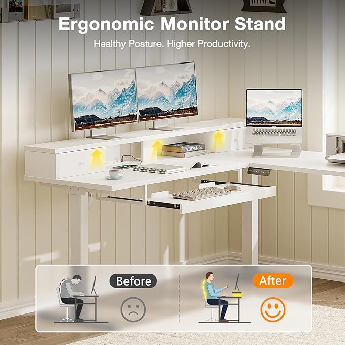 Casaottima 59 Inch Electric L-Shaped Standing Desk with Drawers, Height Adjustable Stand Up Corner Desk with Monitor Stand & Keyboard Tray, Lift Table for Home Office, Workstation, White