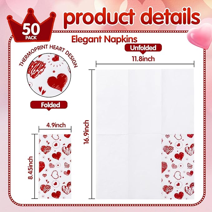 50PCS Red Paper Napkins - Red Heart Napkins Disposable - Heavy Duty Linen Feel Guest Towels for Bathroom, Women’ s Day, Wedding, Bridal Shower, Engagement, Party, Galentine