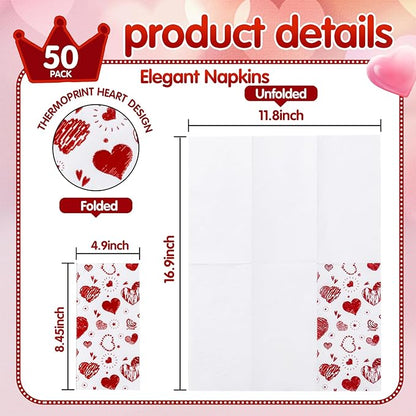 50PCS Red Paper Napkins - Red Heart Napkins Disposable - Heavy Duty Linen Feel Guest Towels for Bathroom, Women’ s Day, Wedding, Bridal Shower, Engagement, Party, Galentine
