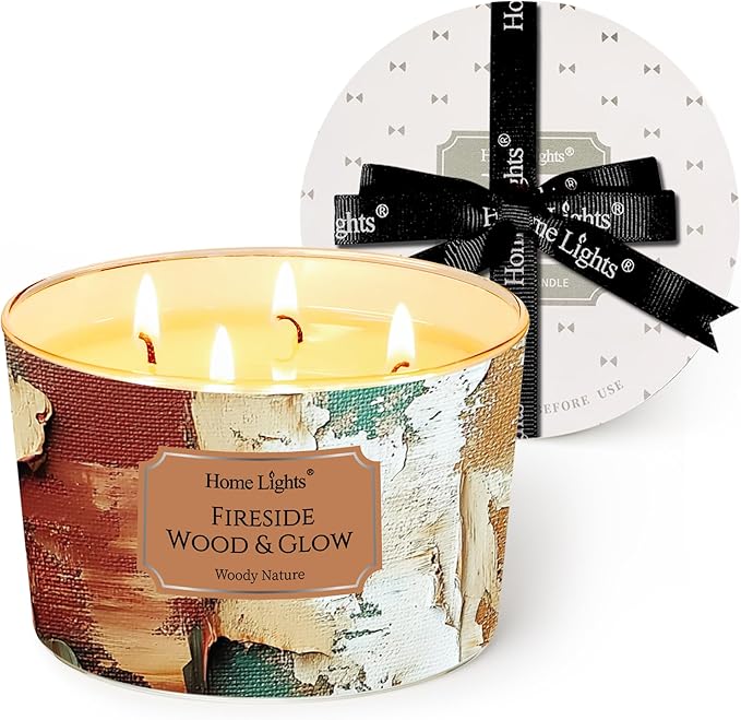 HomeLights 4-Wick Candles for Home Scented - 18oz Soy Wax Blend Candle Long-Lasting Fragrance, Industrial Chic Home Decor and Housewarming Gifts, Fireside Wood & Glow