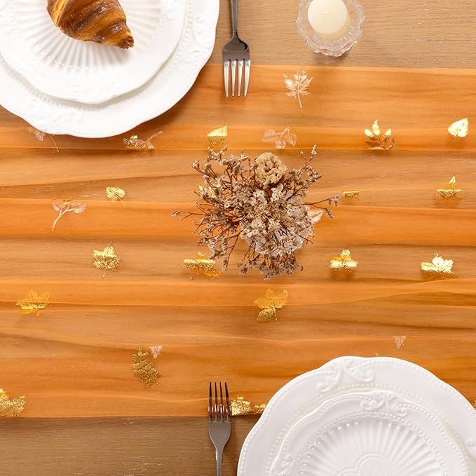Maple Gold Table Runner for Thanksgiving 3 Pack Sheer Gauze Cheesecloth 120 Inch with Glitter Harvest Table Decor for Family Feasts Dining Room Home Celebration - Orange