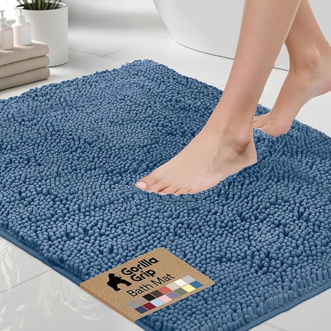 GORILLA GRIP Bath Rug Mat 36x24, Thick Soft Absorbent Chenille, Quick Dry Microfiber Mats, Rubber Backing Washable Shower Floor Rugs, Bathmat Runner, US Designed Bathroom Home Decor Accessories Blue