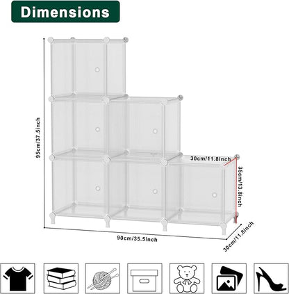 Cube Storage Organizer, 6-Cube Shelves Unit with Doors, DIY Stackable Plastic Clothes Organizer for Bedroom and Under Stairs Storage Unit, Each Compartment 30 x 30 x 30 cm Striped White