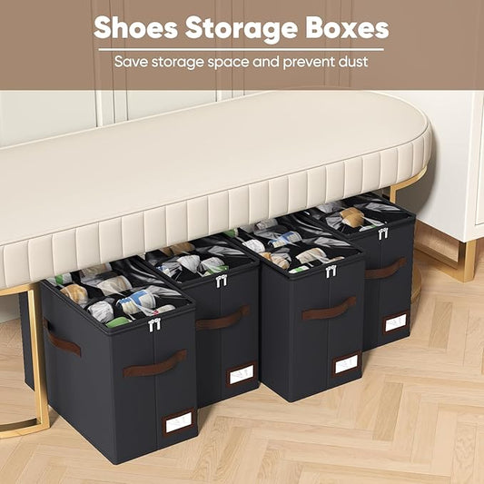 OIAHOMY 4 Pack Shoe Organizer for Closet, Foldable Shoe Storage Bins with Adjustable Dividers, Stackable Oxford Cloth Sneaker Boxes for Entryway Bedroom, Fits Up to 32 Pairs, Black