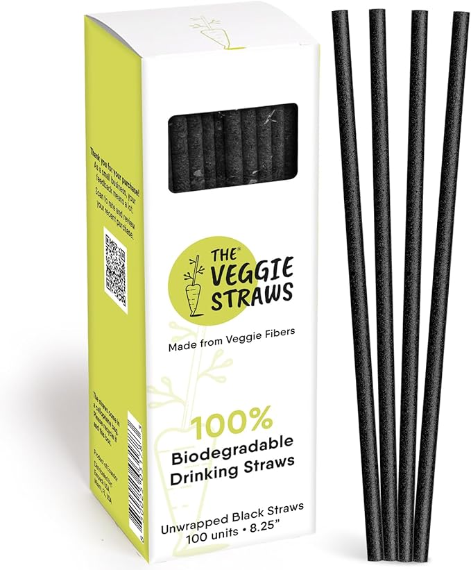 – 100 PCS of 8.25 Inches Unwrapped Biodegradable Black Straws – Made of Vegetable Fibers, Best Environment Friendly Drinking Straws for Hot and Cold Beverages