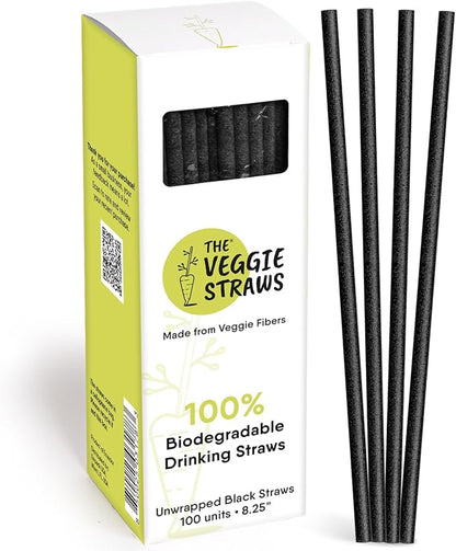 – 100 PCS of 8.25 Inches Unwrapped Biodegradable Black Straws – Made of Vegetable Fibers, Best Environment Friendly Drinking Straws for Hot and Cold Beverages