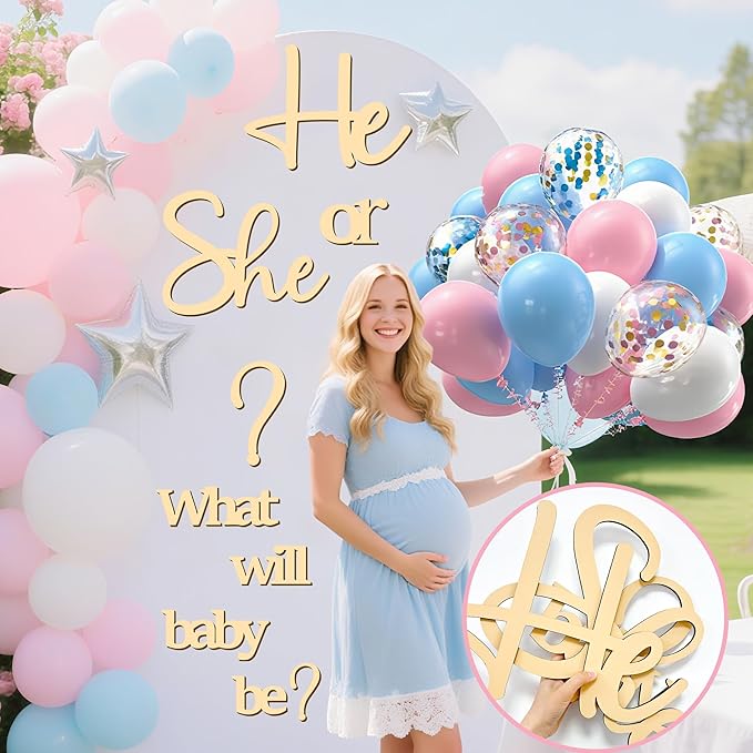 Large Wooden Gender Reveal Party Decor Backdrop Decals with 30 PCS Pink Blue Balloons He or She What Will Baby Be Balloon Arch Signs Colorable Boy or Girl Party Sticker Banner Baby Shower Photo Props