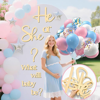 Large Wooden Gender Reveal Party Decor Backdrop Decals with 30 PCS Pink Blue Balloons He or She What Will Baby Be Balloon Arch Signs Colorable Boy or Girl Party Sticker Banner Baby Shower Photo Props