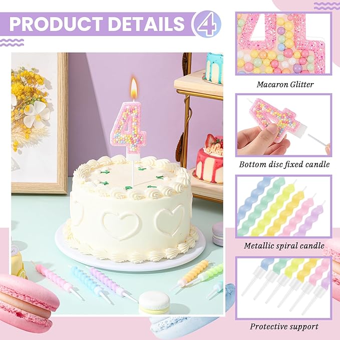 MTLEE Number 4 Birthday Candle with 12 Pcs Spiral Candles for Girls Macaron Pastel Rainbow Unicorn Pink Cake Topper for Sweet Theme Party Decoration