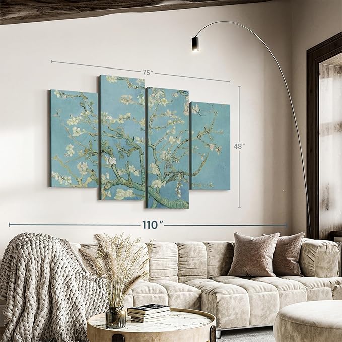 Elephant Stock Almond Blossoms Wall Art - Horizontal Canvas - 4-Piece Living Room Wall Decor - Flower Painting Canvas Print - Blue and Green Decor for Wall by Vincent Van Gogh - 75" X 48"