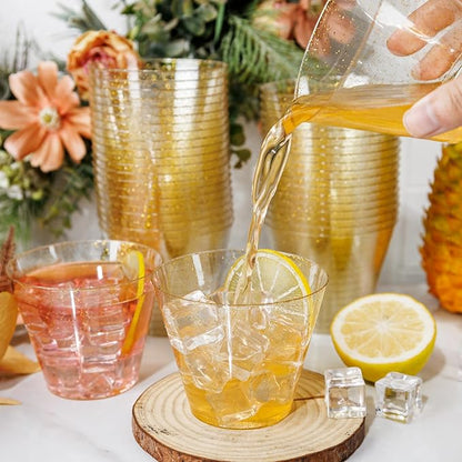I00000 100pcs Gold Plastic Cups - 9 OZ Hard Gold Glitter Disposable Cups for Cocktail And Drinking - Premium Disposable Plastic Cups with Gold Glitter for Fancy Wedding & Elegant Party Cups
