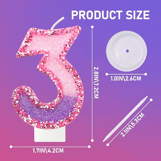 Birthday Number Candles for Cake, Pink Purple Glitter Number Candles for Cake Toppers, Ideal Birthday Parties Cake Decor, Wedding Anniversary and Other Celebrations (3 Candle)
