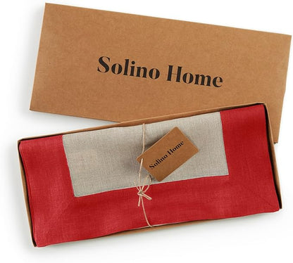 Solino Home Linen Table Runner 36 Inches - 100% Pure Linen Red and Natural Small Table Runner 14 x 36 Inch Ideal for Dresser and Coffee Tables - Fall, Autumn, Christmas, Holiday, Winter - Contempo
