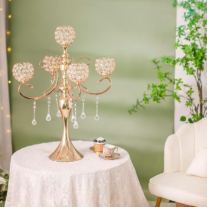 Gold Centerpiece for Table, 25.6in Candle Holder for Table Centerpieces, 5Arms Tall Crystal Candelabra Candle Holder, Candelabra Centerpieces for Table Wedding Christmas Party Event