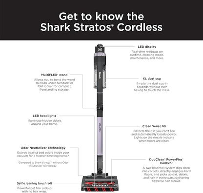 Shark Stratos Cordless Vacuum with Clean Sense IQ and Odor Neutralizer, MultiFlex Wand, Includes Crevice Tool & Anti-Allergen Brush, Up To 60 Minute Runtime, Ash Purple, IZ862H