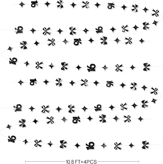 Black 16th Bow Birthday Decorations Metallic Conquette Bow Garland Streamer Banner Backdrop for Girls Boys Happy 16th Birthday Sweet Sixteen Cheers to 16 Years Old Anniversary Party Supplies