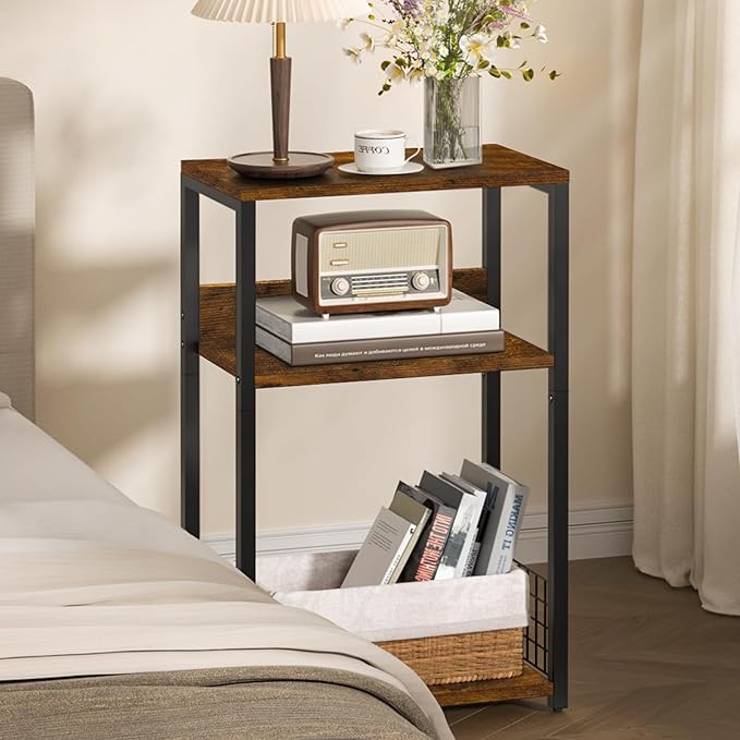 LELELINKY Large Brown Record Player Stand, 3 Tier 18" Wide Big End Table with Vinyl Storage Up to 130 Albums, Industrial Turntable Printer Tables, Modern Side Tables for Living Room, Bedroom, Office