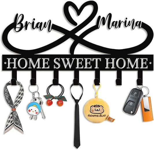 Personalized Key Holder for Wall - Custom Couple's Name with Love Symbol - Metal Key Holde Wall Mount Hooks for Bedroom Entryway, Couples Gifts, Home Sweet Home Decor (03-Love)
