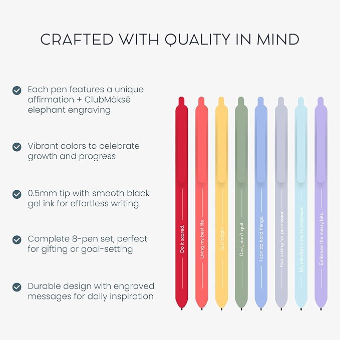 MäksēLife Makse Message Rainbow Gel Pens - Goal-Setting Writing Tools with Daily Affirmations for Personal Growth and Mindset Training, 8-Pack Set
