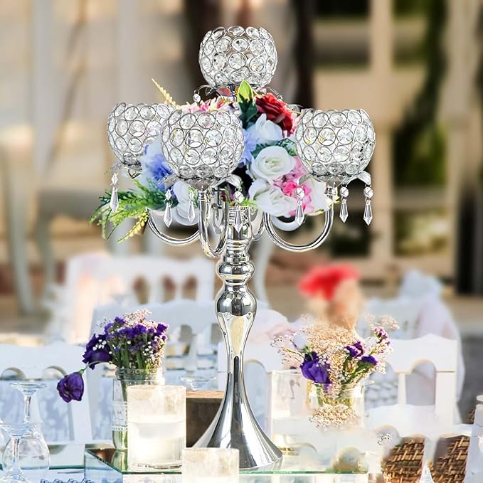 Set of 4 Candlesticks 5 Arm Crystal Strap Pendant Silver Table Decor Candelabra, 22.5 inches Elegant Dining Room Centerpieces for Holiday Parties Weddings (4, Silver)