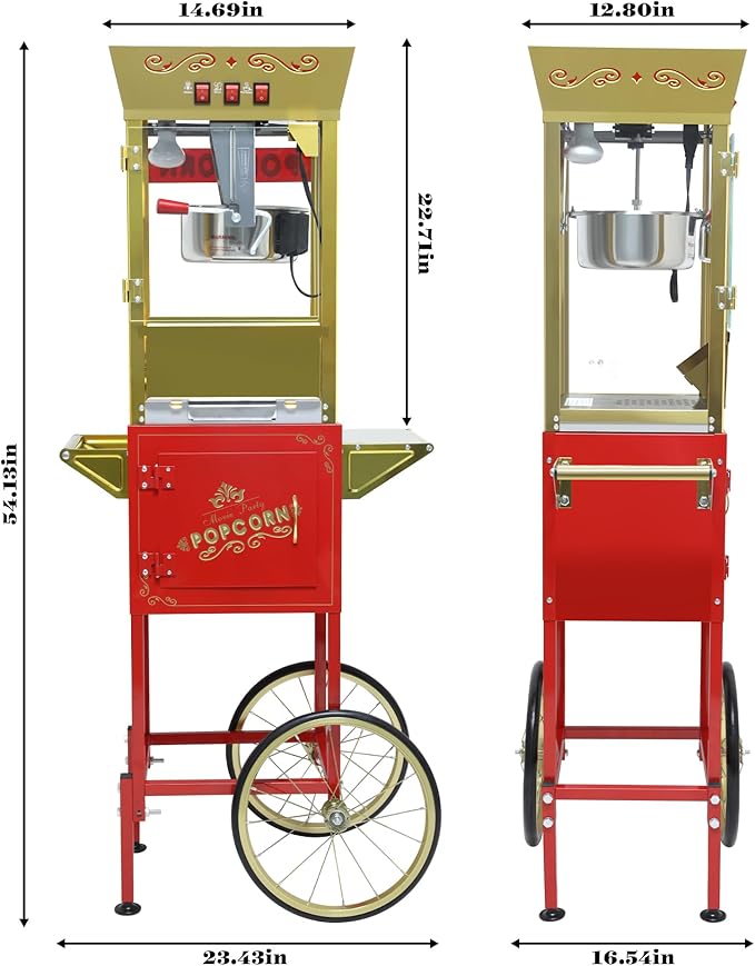 Vintage Commercial Popcorn Machine with Cart & Warmer Light - 12oz Stainless Steel Popper Makes 60 Cups for Home Theater and Parties, Red