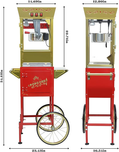 Vintage Commercial Popcorn Machine with Cart & Warmer Light - 12oz Stainless Steel Popper Makes 60 Cups for Home Theater and Parties, Red