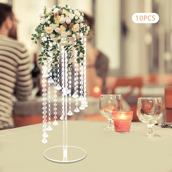Wedding Centerpieces Gold Vases,10PCS Metal Flower Candle Holder with Sparkling Crystal Beads,Crystal Flower Vase Metal Flowers Stand for Party Tables Decorations (23.6inch Slivwer)