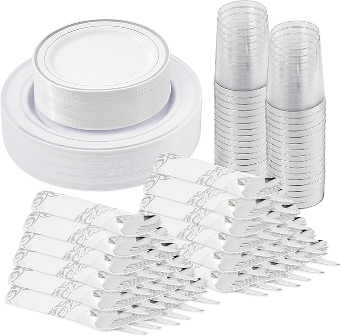 175 Pcs Silver Disposable Plates for 25 Guests, Disposable Plastic Plates, Dinnerware Set Include 25 Dinner Plates, 25 Salad Plates,25 Cups, 25 Paper Napkins for Party, Wedding, Thanksgiving