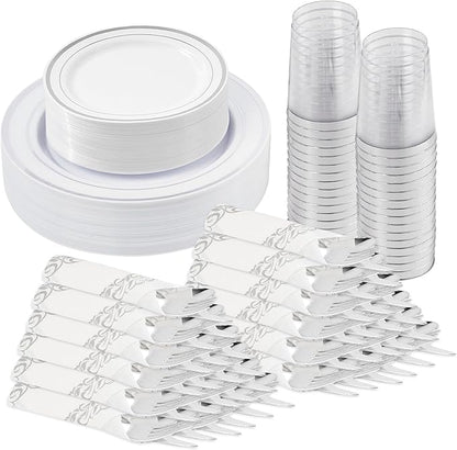 175 Pcs Silver Disposable Plates for 25 Guests, Disposable Plastic Plates, Dinnerware Set Include 25 Dinner Plates, 25 Salad Plates,25 Cups, 25 Paper Napkins for Party, Wedding, Thanksgiving