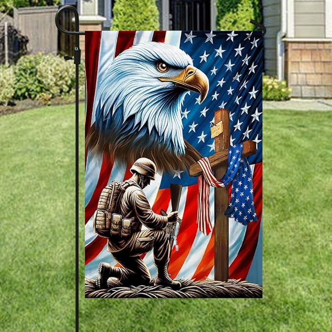 American Flag-Patriotic Eagle Veteran Kneeling Soldier Christ Cross Memorial Day American Flag MLN2793F, 3x5 ft. Flag-USA Flags Premium Polyester-Decorative Indoor Outdoor Flag