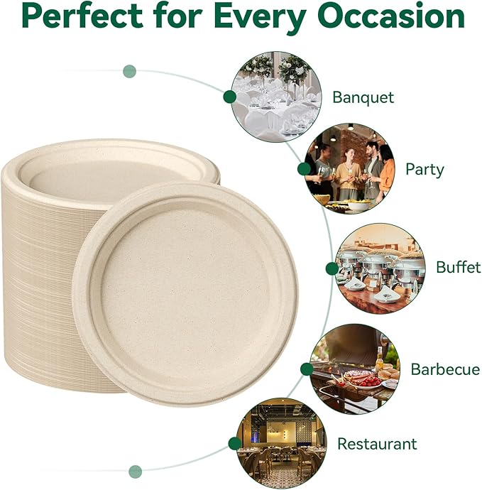 JOLLY CHEF 100% Compostable Paper Plates, 150 Pack 9 Inch Heavy Duty Plates, Disposable Biodegradable Eco-Friendly Sugarcane, Bulk Nature