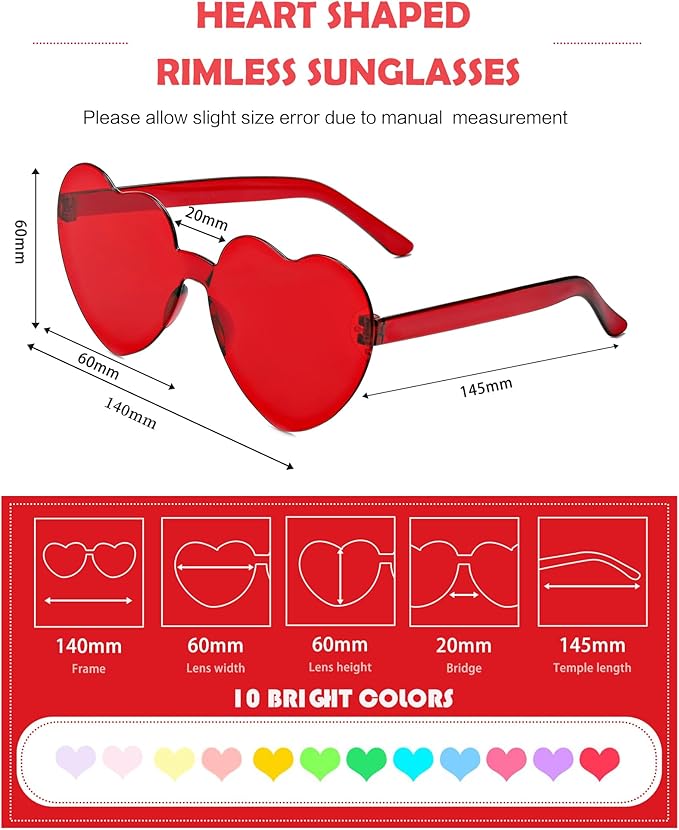 40 Pairs Heart Shaped Sunglasses Bulk, Colorful Rimless Fun Heart Sunglasses for Women Party Favors