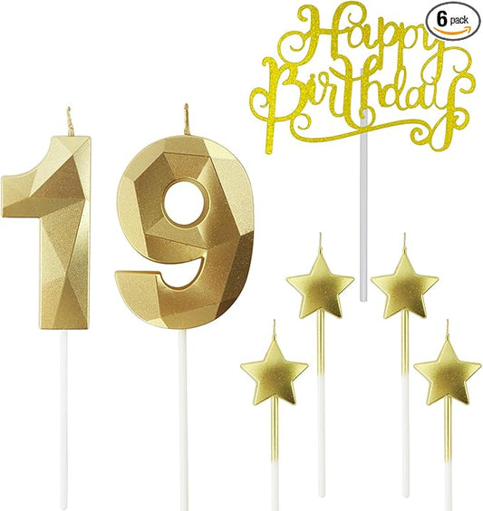 Golden Number 19 Birthday Candles and Star Birthday Candles 2.76 inch Birthday Cake Candles 3D Diamond Shaped Candles are Suitable for Birthday Parties and Anniversary Cake Decorations Candles