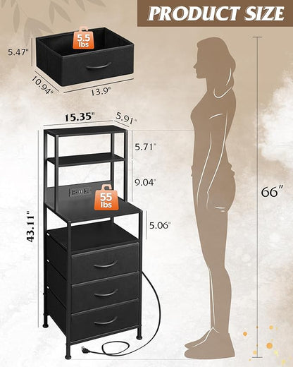WLIVE Tall Nightstand with Charging Station, LED Night Stand with 3 Fabric Drawers and Storage Open Shelves, Bedroom Nightstand table, Bed Side Table for Living Room, Black