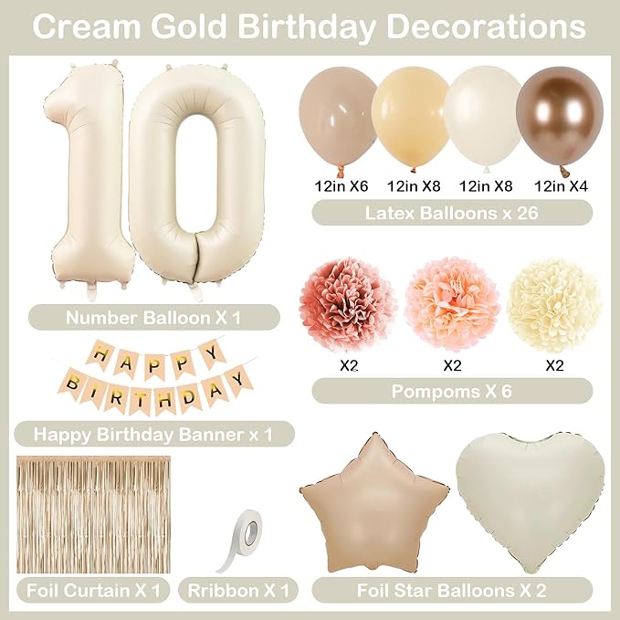 Beige 10th Birthday Decorations Girls Boys Cream Number 10 Balloon Nude Gold Happy Birthday Banner Fringe Curtain Paper Pom Poms Blush White Sand Champagne Star Foil Balloons Neutral Boho Party Decor