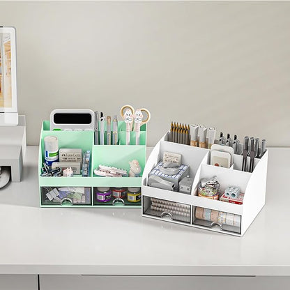 Desk Organizer with 6 Compartments and 2 Drawers, Plastic Makeup Organizer, Pen Holder for Desktop Storage, Desk Organization for School, Home, Office Supplies (Mint Green)