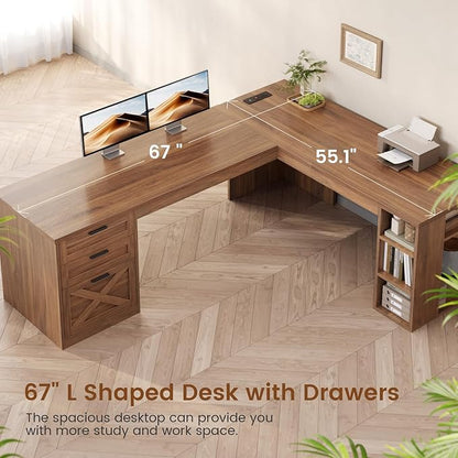 SEDETA 67" Farmhouse L Shaped Desk with 3 Drawers, Executive Home Office Desks with Storage Shelves, Corner Computer Desk with Power Outlets for Home Office, Brown