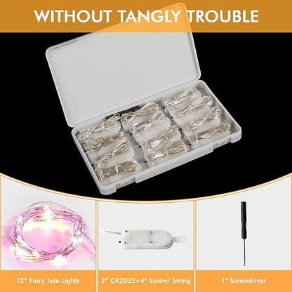 12 Pack Fairy Lights Battery Operated String Lights，7FT 20LED Waterproof Silver Wire Christmas Lights Outdoor,Firefly Mini Lights for Bedroom Party Birthday Wedding Indoor Decorations.