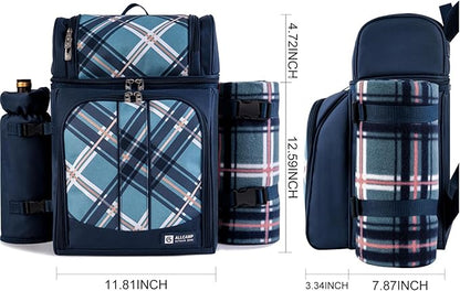 ALLCAMP 2-Person Picnic Backpack with Insulated Cooler, Detachable Wine Holder, Fleece Blanket & Full Picnic Set for Outdoor, Family, Couples (Blue)