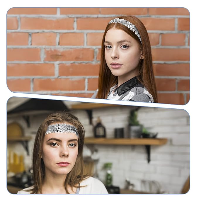 2Pcs Silver Sequins Headband for Women - 80s 90s Themed Sparkle Glitter Vintage Hair Accessories for Disco Party Club Concert Women