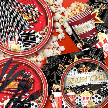 168Pcs Movie Night Party Supplies Movie Theme Birthday Decorations Include Movie Star Plates and Napkins Cups Straws Cutlery Serve 24, Disposable Party Snack Tableware