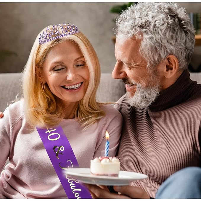 Purple 40th Birthday Celebration Kit - Sash and Tiara Set, Party Favors, Decorations and Cake Topper