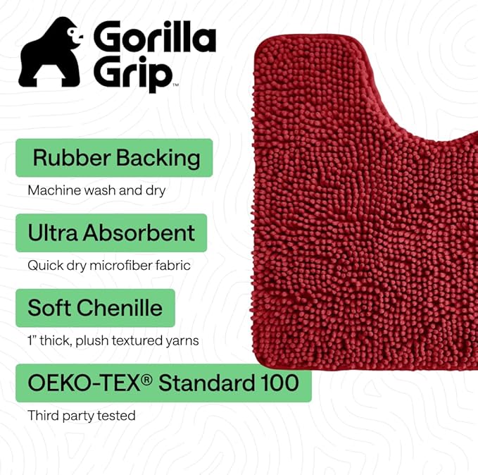 GORILLA GRIP Bathroom Rug Sets, Soft Chenille 2 Piece Area Rugs Set, Toilet Base Mat and 30x20 Carpet, Absorbent Microfiber Washable Mats Dry Quickly, Home Décor and Bath Room Accessories, Red